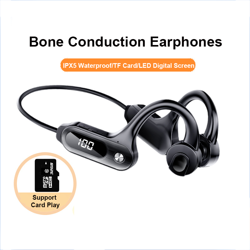 Bone Conduction Running Headphones - หูฟังบลูทูธ5.3พร้อมสายคล้องหู, หูฟังกีฬาวิ่ง IPX5เล่นการ์ด SD สำหรับออกกำลังกายโยคะกลางแจ้ง