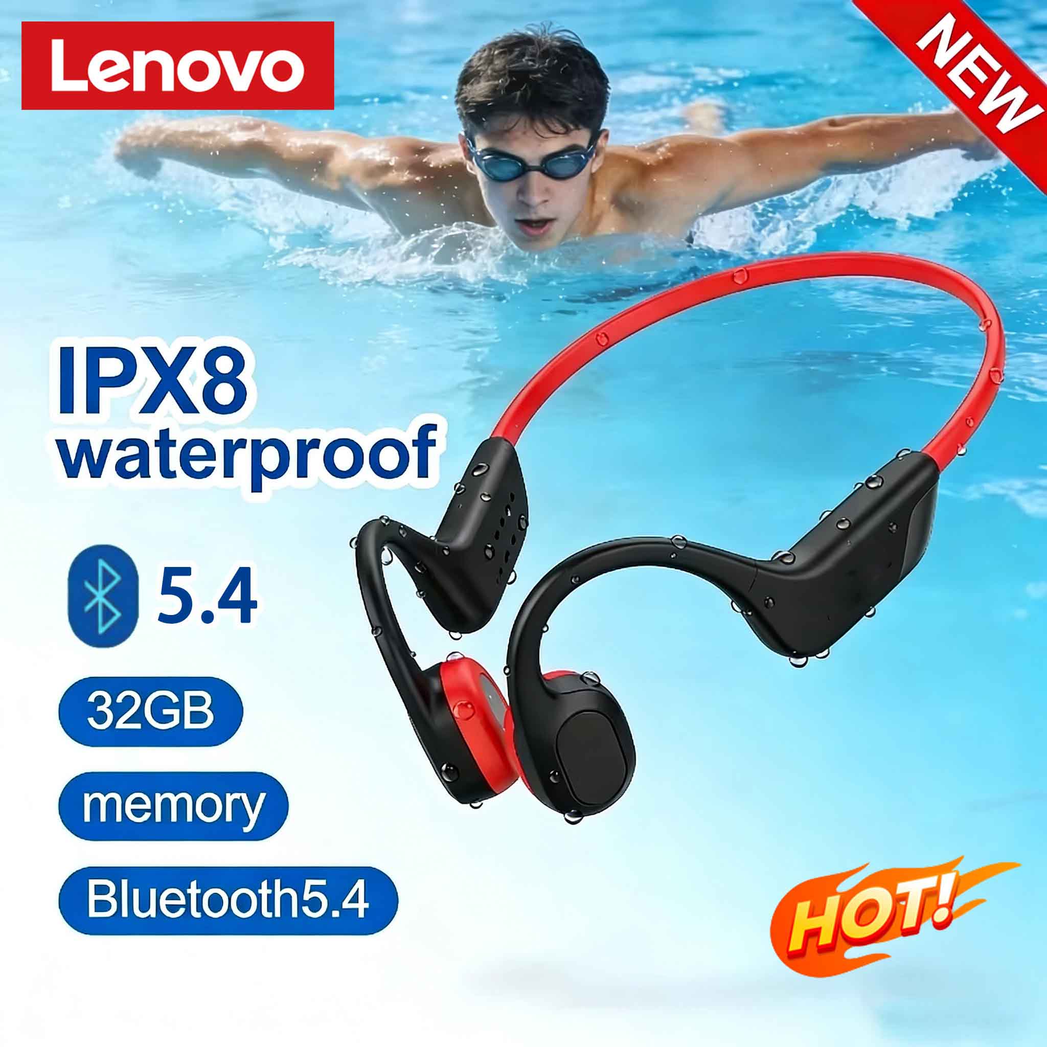 Bone Conduction Running Headphones - หูฟังบลูทูธแบบส่งสัญญาณผ่านกระดูก Lenovo รุ่น 5.4 พร้อมไมโครโฟน กันน้ำ